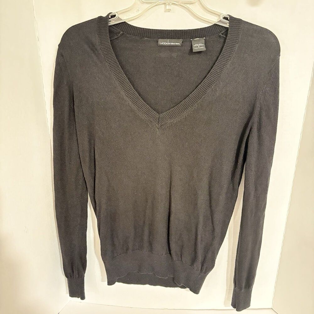 Moda International Black Silk-Cashmere Blend Long Sleeve V Neck Sweater S Y2K